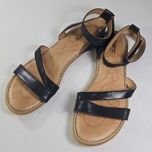 Born Black Leather Ankle Strap Flat Sandals Women 10M
